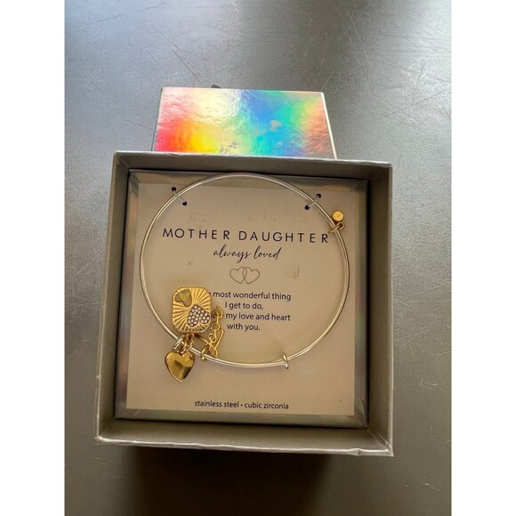 Mother Daughter Bracelet 14K Silver Plated Heart Bangle Love You Charm Zirconia - Picture 1 of 2